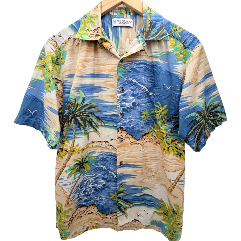 Tori Richard Uniforms Blue Chest Pocket Graphic Button-Up Men's Extra Small
